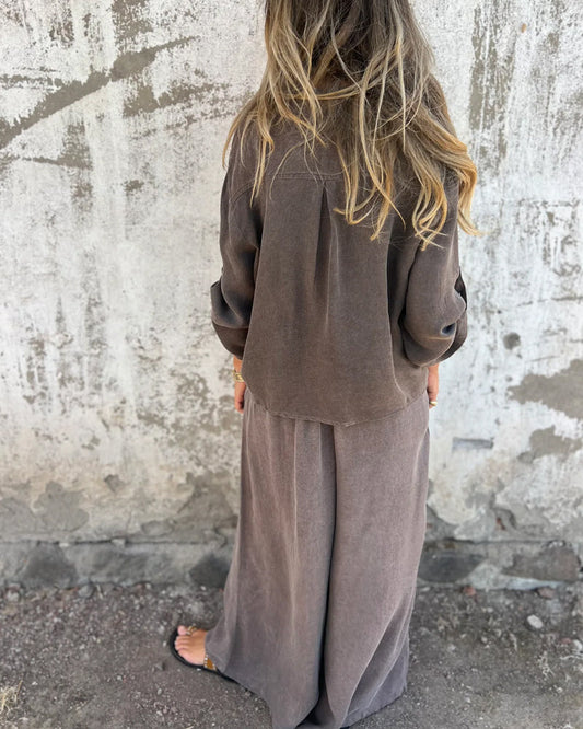 Casual Solid Shirt & Wide Leg Two-Piece Set