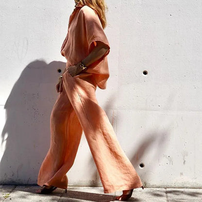 Two Piece Pant Sets Women Shirt Tops Cardigan Wide Leg Pants Solid Single Breasted Full Sleeve Blouses Casual Spring Summer