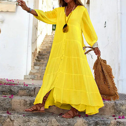 Women's Long Sleeve Dresses 2025 Summer Autumn Cotton Linen Long Dress Vestido Azules Vestido Playa Mujer Vestido Largo