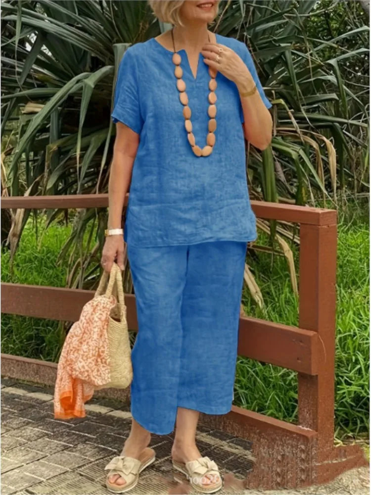 Women's Cotton Linen Summer 2Pcs/Sets Suit 2024 Casual Loose V-neck Short Sleeve Wide Leg Pants Solid Color Fashion Ladies Suit