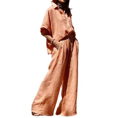 Two Piece Pant Sets Women Shirt Tops Cardigan Wide Leg Pants Solid Single Breasted Full Sleeve Blouses Casual Spring Summer