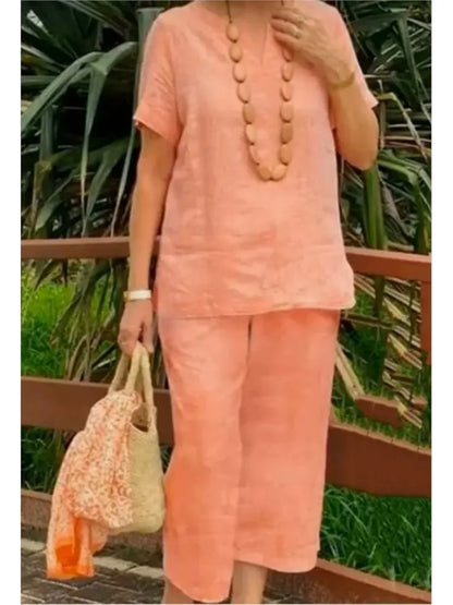 Women's Cotton Linen Summer 2Pcs/Sets Suit 2024 Casual Loose V-neck Short Sleeve Wide Leg Pants Solid Color Fashion Ladies Suit