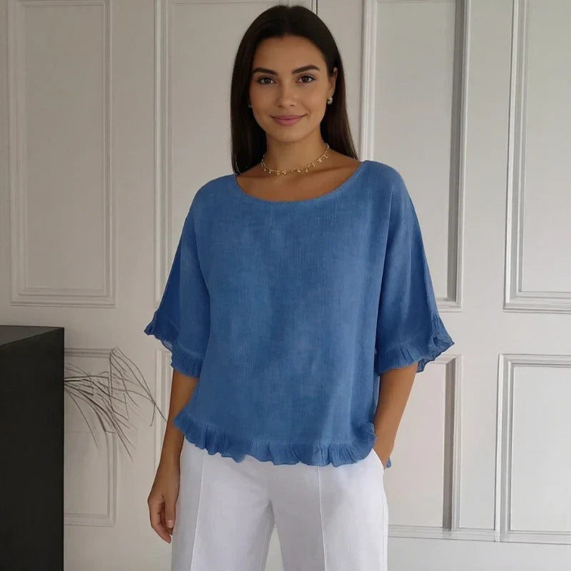 Summer New Seven-quarter-sleeved Women's Round Neck Loose T-shirt Fashionable Solid Color Breathable Lace Top Ladies Clothes