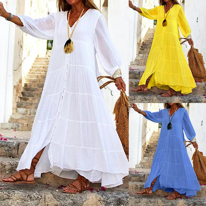 Women's Long Sleeve Dresses 2025 Summer Autumn Cotton Linen Long Dress Vestido Azules Vestido Playa Mujer Vestido Largo