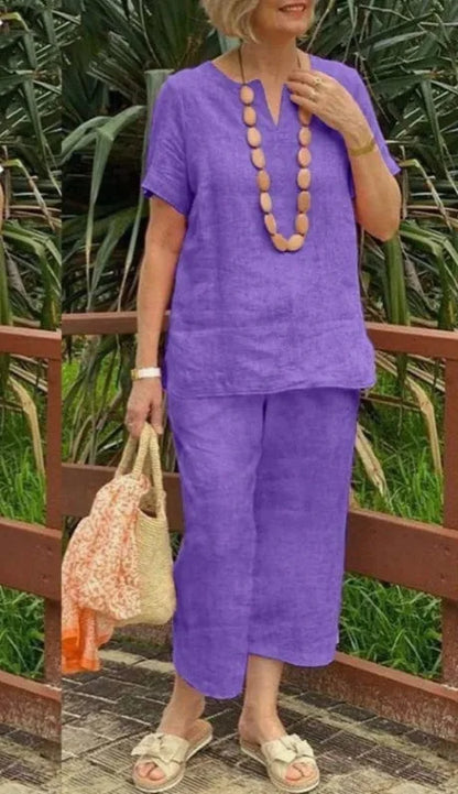 Women's Cotton Linen Summer 2Pcs/Sets Suit 2024 Casual Loose V-neck Short Sleeve Wide Leg Pants Solid Color Fashion Ladies Suit
