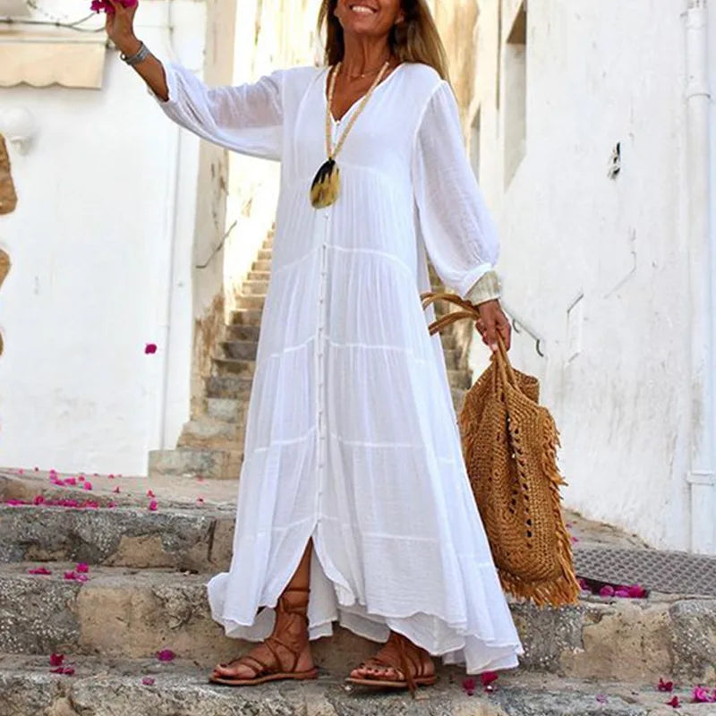 Women's Long Sleeve Dresses 2025 Summer Autumn Cotton Linen Long Dress Vestido Azules Vestido Playa Mujer Vestido Largo