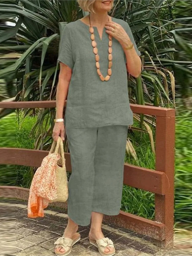 Women's Cotton Linen Summer 2Pcs/Sets Suit 2024 Casual Loose V-neck Short Sleeve Wide Leg Pants Solid Color Fashion Ladies Suit