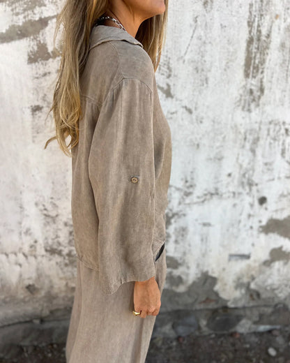 Casual Solid Shirt & Wide Leg Two-Piece Set